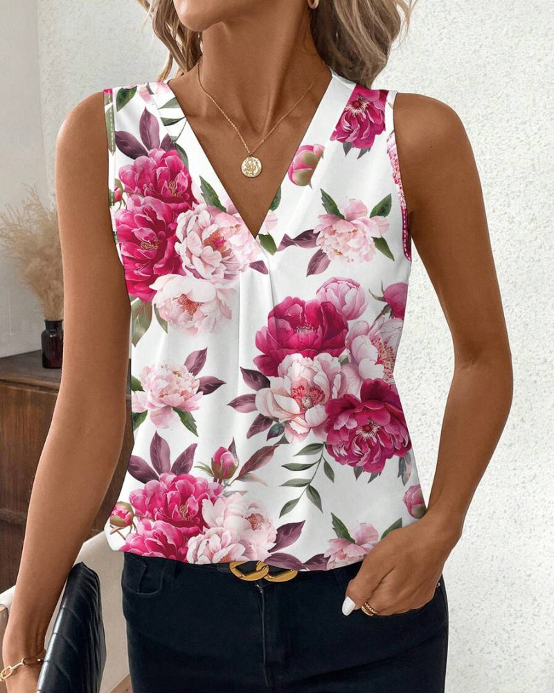 Isabella™ – Blommig Ärmlös Topp Med V-ringad Hals