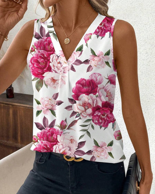 Isabella™ – Blommig Ärmlös Topp Med V-ringad Hals