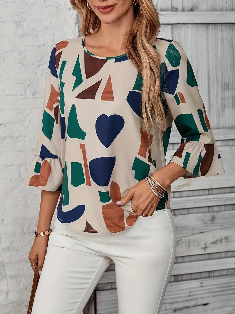 Ebella™ - Blus med Geometriskt Mönster